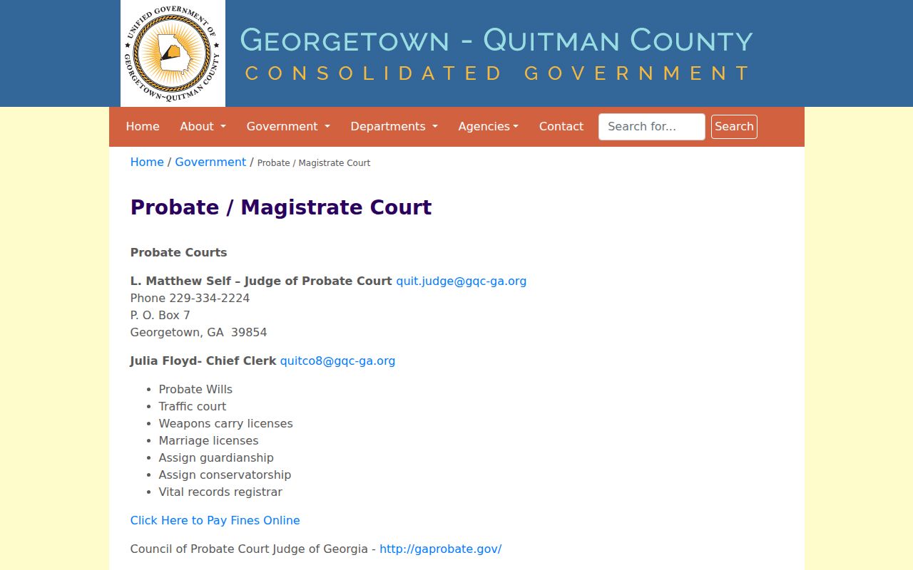 Quitman County Probate and Magistrate Court duties and contact page
