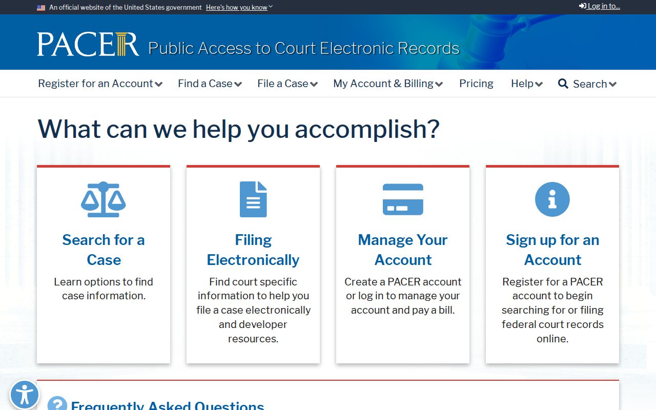 PACER federal court case access portal