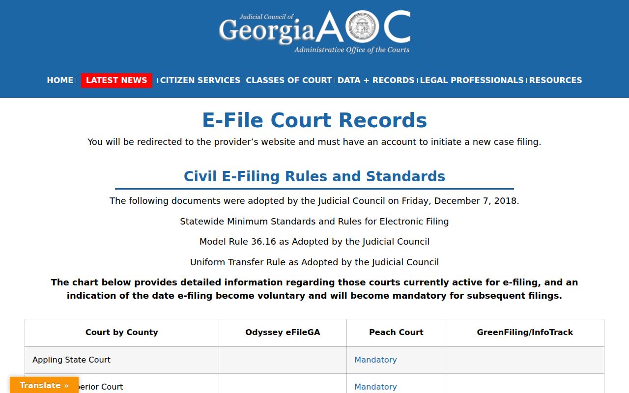 Georgia Courts electronic filing status for Quitman Superior Court