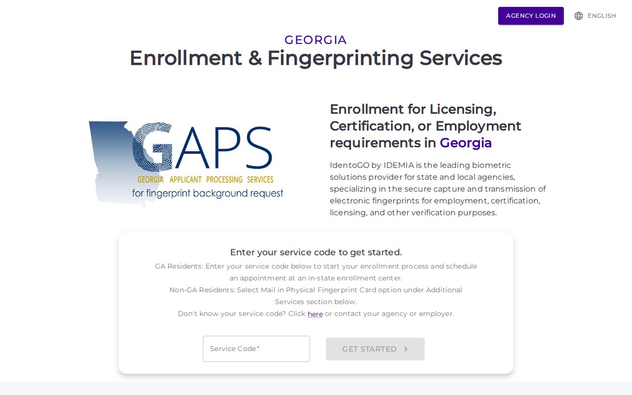 Georgia GAPS fingerprint appointment entry for an official criminal history check