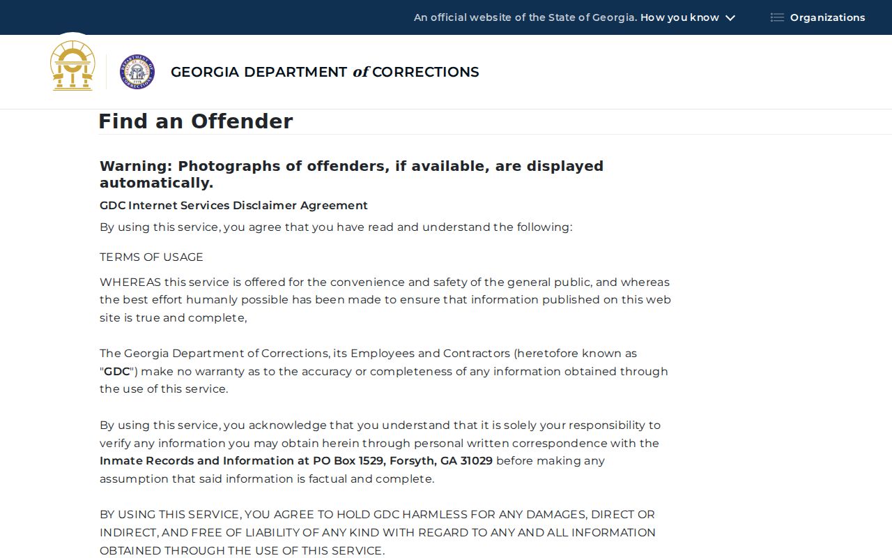 Georgia Department of Corrections Find an Offender search form
