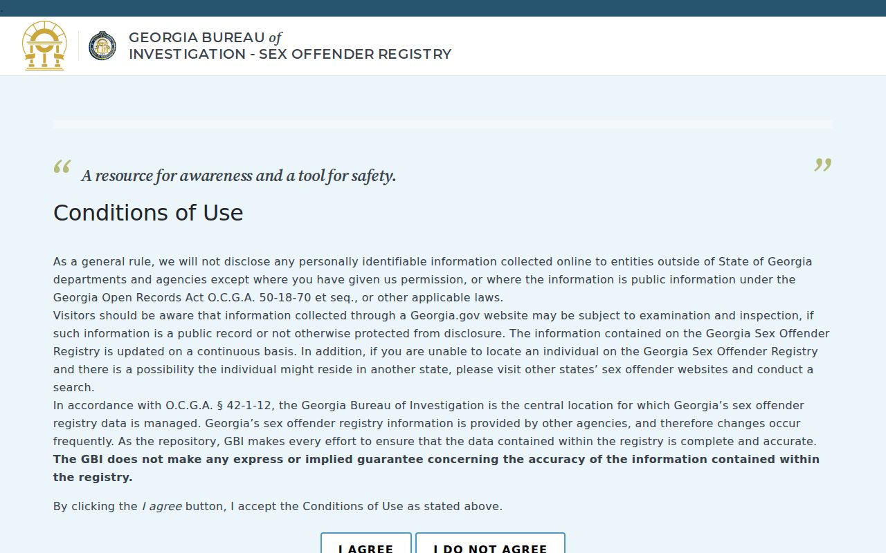 Official Georgia Sex Offender Registry public search interface used for Quitman County
